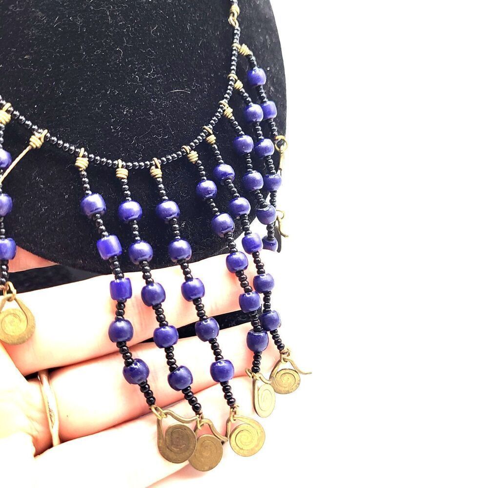 Afghan Lapis Brass Fringe Bib Necklace 18in, 3in fringe